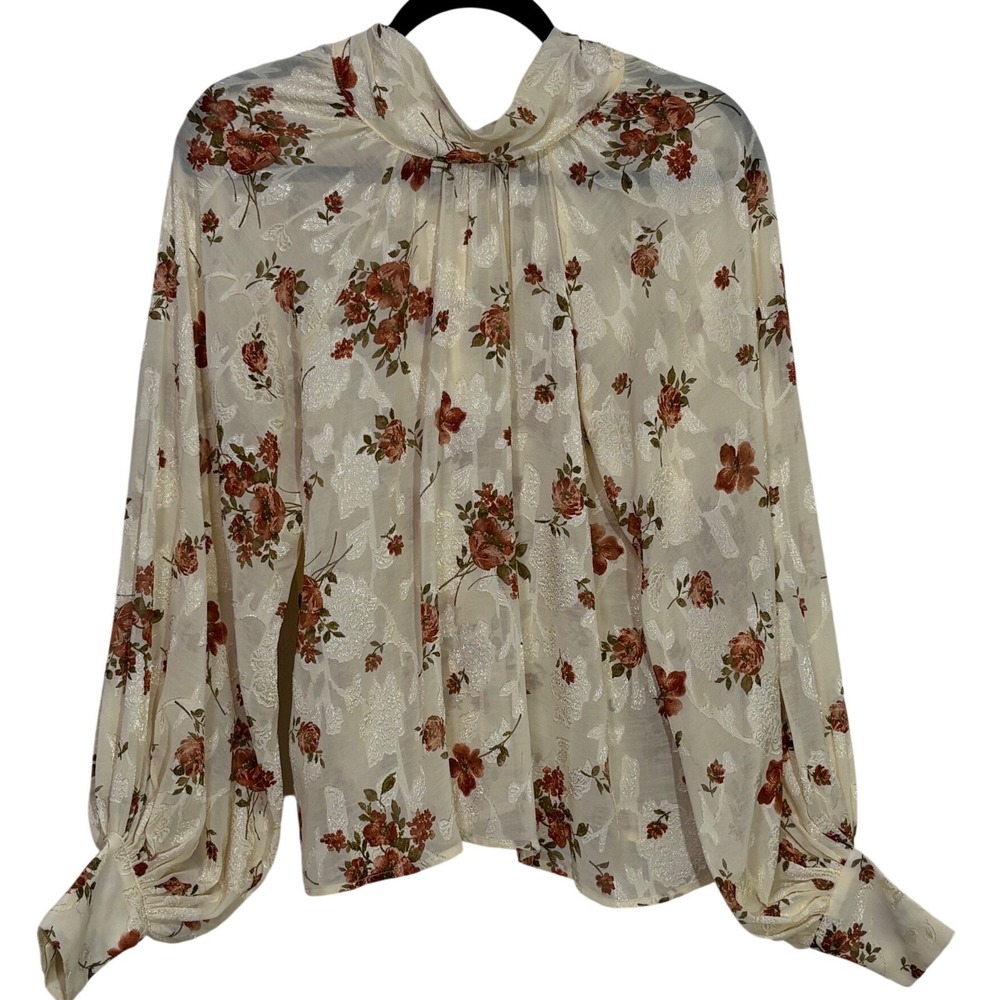 Aura - Women Cream Rust Floral Jacquard Tie Neck Balloon Sleeve Blouse Small